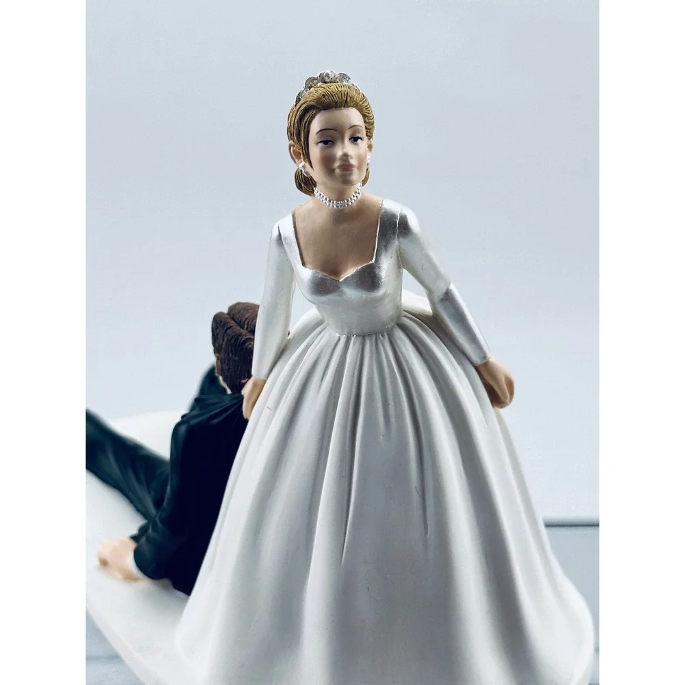 Funny Bride Dragging Groom Wedding Cake Topper Novelty Resin Figurine